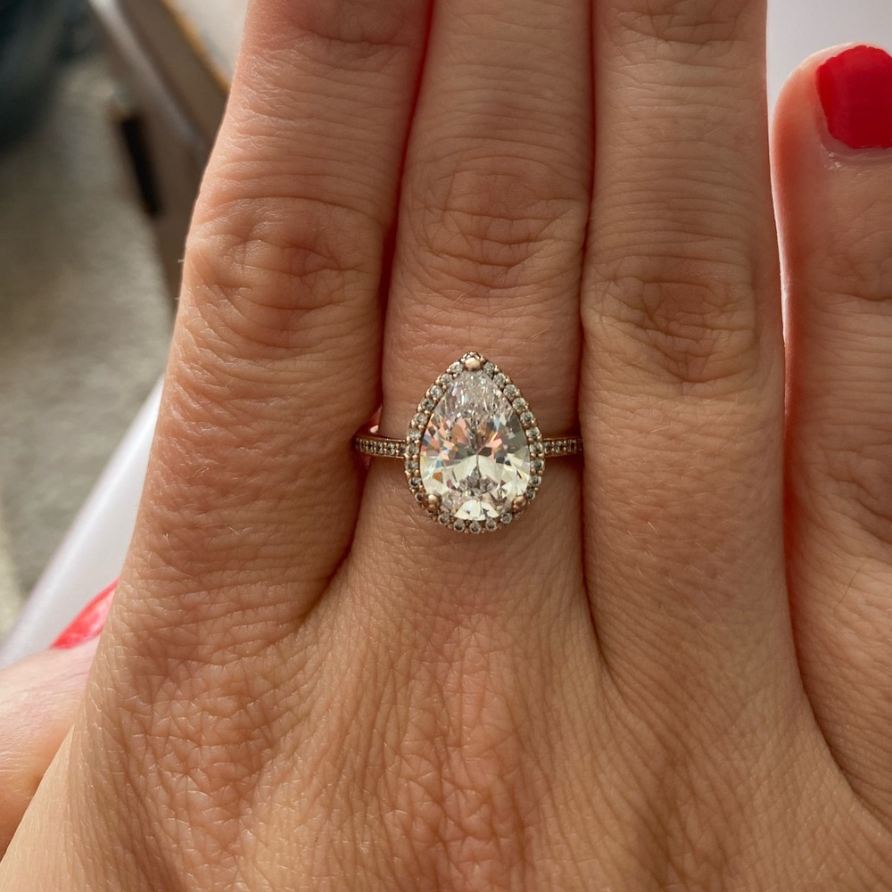 Retired Pandora Original Rose Plated Pear Halo Ring. Size 7.5/56.